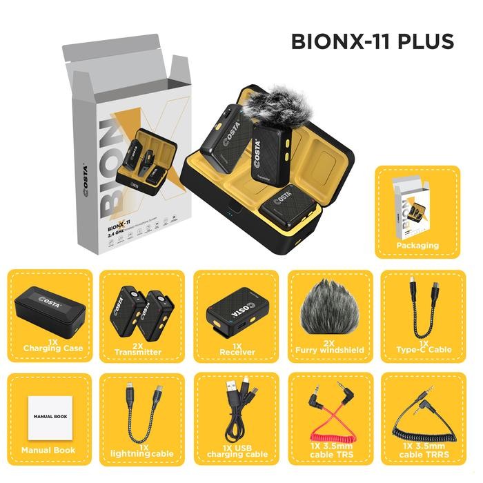 [VELFOX] COSTA BionX-11 Wireless Microphone With Charging Case For DSLR, HP,PC - BIONX-11 Plus