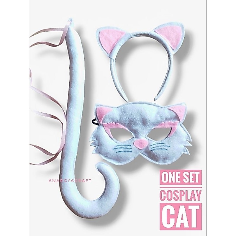 one set cat, cosplay cat, bando kucing, topeng kucing, ekor kucing, bando tupai ekor tupai topeng tu