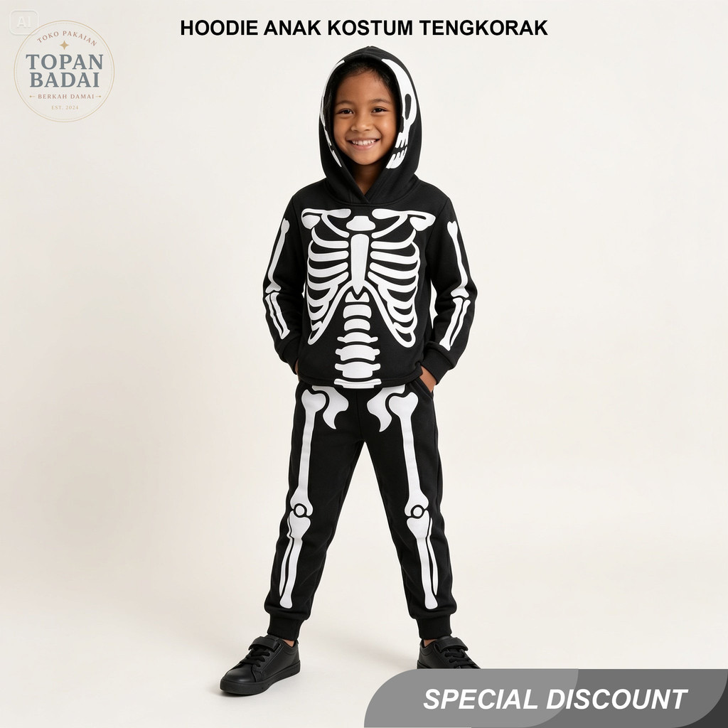 Baju Tengkorak Anak Kostum Skeleton Halloween Karnaval Pentas Sekolah Hoodie Anak 2-10 Tahun