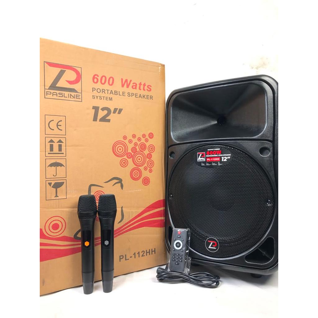 Speaker Portable PASLINE PL-112HH 12 Inch 600 Watt Usb Bluetooth 2 Mic Wireless Rechargeable Origina