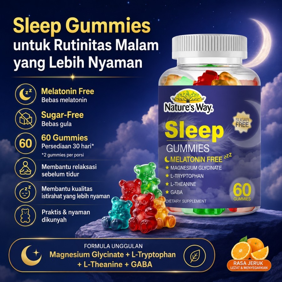 Nature’s Way Sleep Gummies 60 Gummies Suplemen Tidur Sugar Free Melatonin Free Magnesium Glycinate L