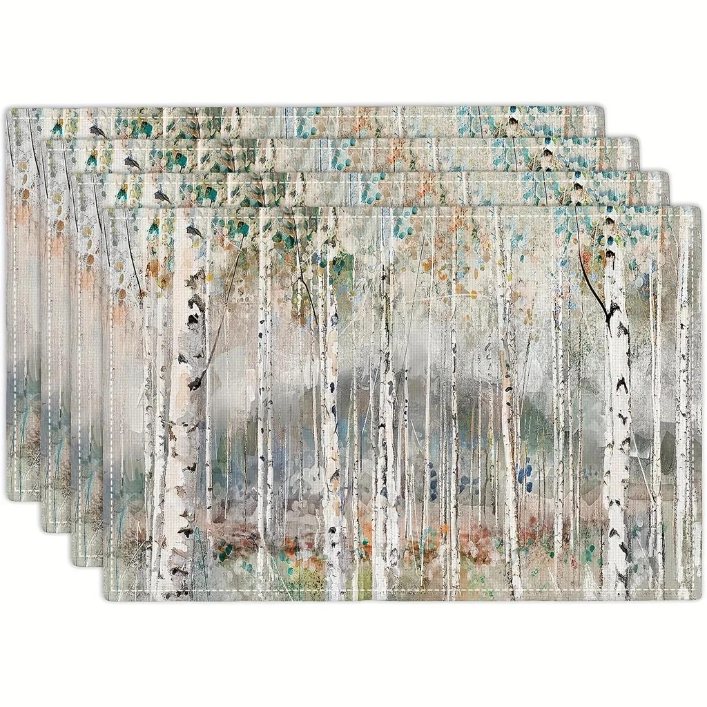

4pcs Set Natural Forest Wood Grain Oil Painting Table Runner, Polyester, Rectangle, 12x18 Inch, Machine Washable, Woven, for H
