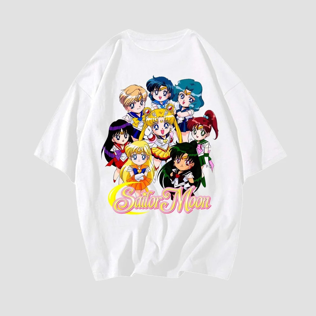Kaos Retro Sailor Moon Jepang Gaya Oversized Kaos Pria Musim Panas Baru Retro Pakaian Jalanan Pria d