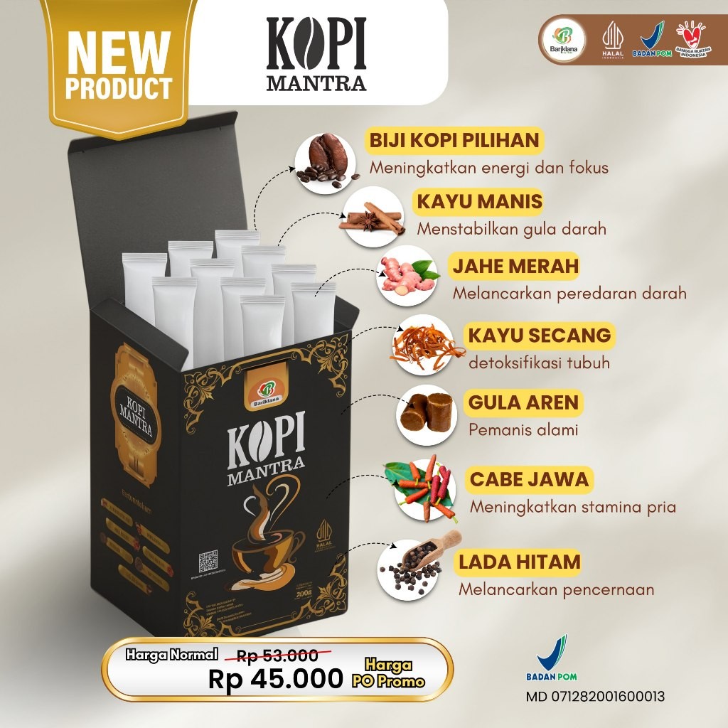 

KOPI MANTRA - premium pria stamina lada hitam cabe jawa jahe gula aren halal bpom