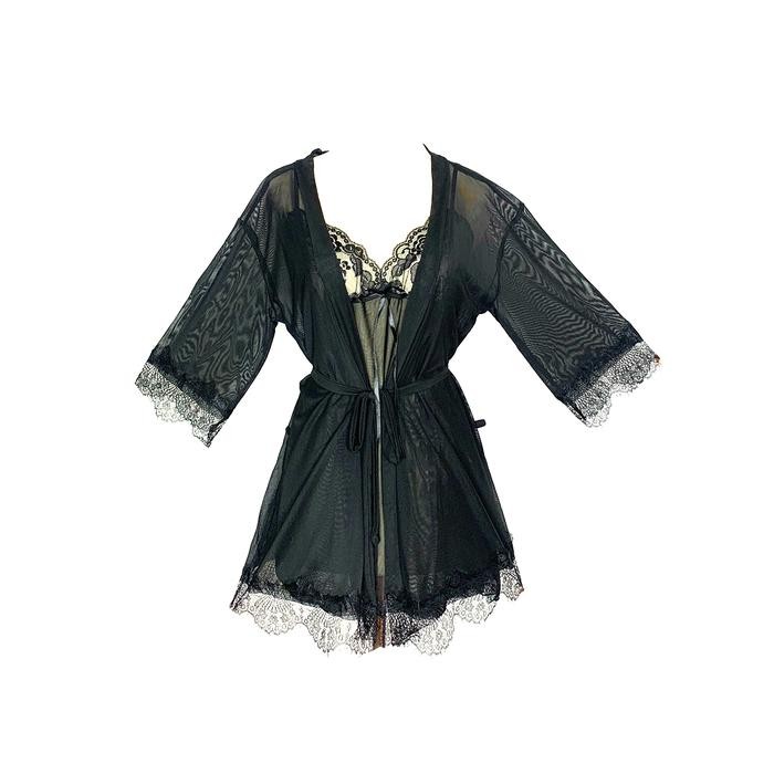 saleLindaGalz ZURY Pakaian Tidur Wanita 2001 Kimono Lingerie set 4 in 1 - Blackterlaris