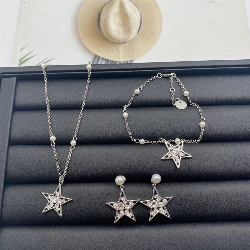 Pentagram Full Diamond Pearl Earrings Gelang Kalung Bintang