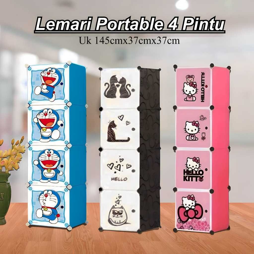 SHENAR Lemari Plastik Portable Rak Baju Rak 4 Susun 1x4 Pintu Karakter Anak