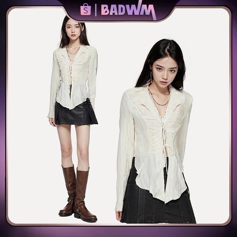 LEMUSHOP 【Ready】【COD】Kemeja Putih Pita Pita Atasan Chiffon/Kemeja kekinian Crop wanita lengan panjan