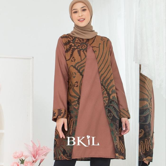 Atasan wanita tunik jumbo lengan panjang baju formal batik kombinasi - Coklat batik, 5L