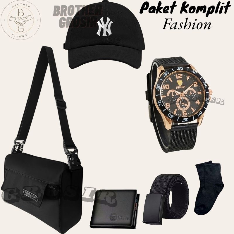 (PROMO PAKET PRIA TERKOMPLIT) 6 in 1/Jam Tangan Pria/ Jam Pria Keren Gratis Tas Selempang,Topi Distr