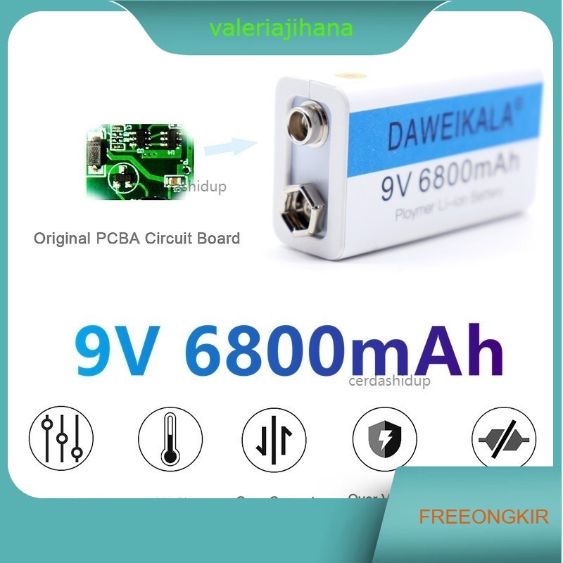 Baterai 9 V Rechargeable Li-ion USB Type-C 6800 mAh D 9V / baterai 9v rechargeable volt bisa dicas k
