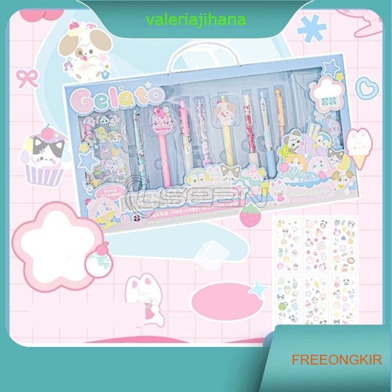 STATIONERY SET GIFT BOX PAKET ALAT TULIS SEKOLAH HADIAH ANAK ISI 15 ITEM TEMA GELATO BOLPEN LUCU TEM