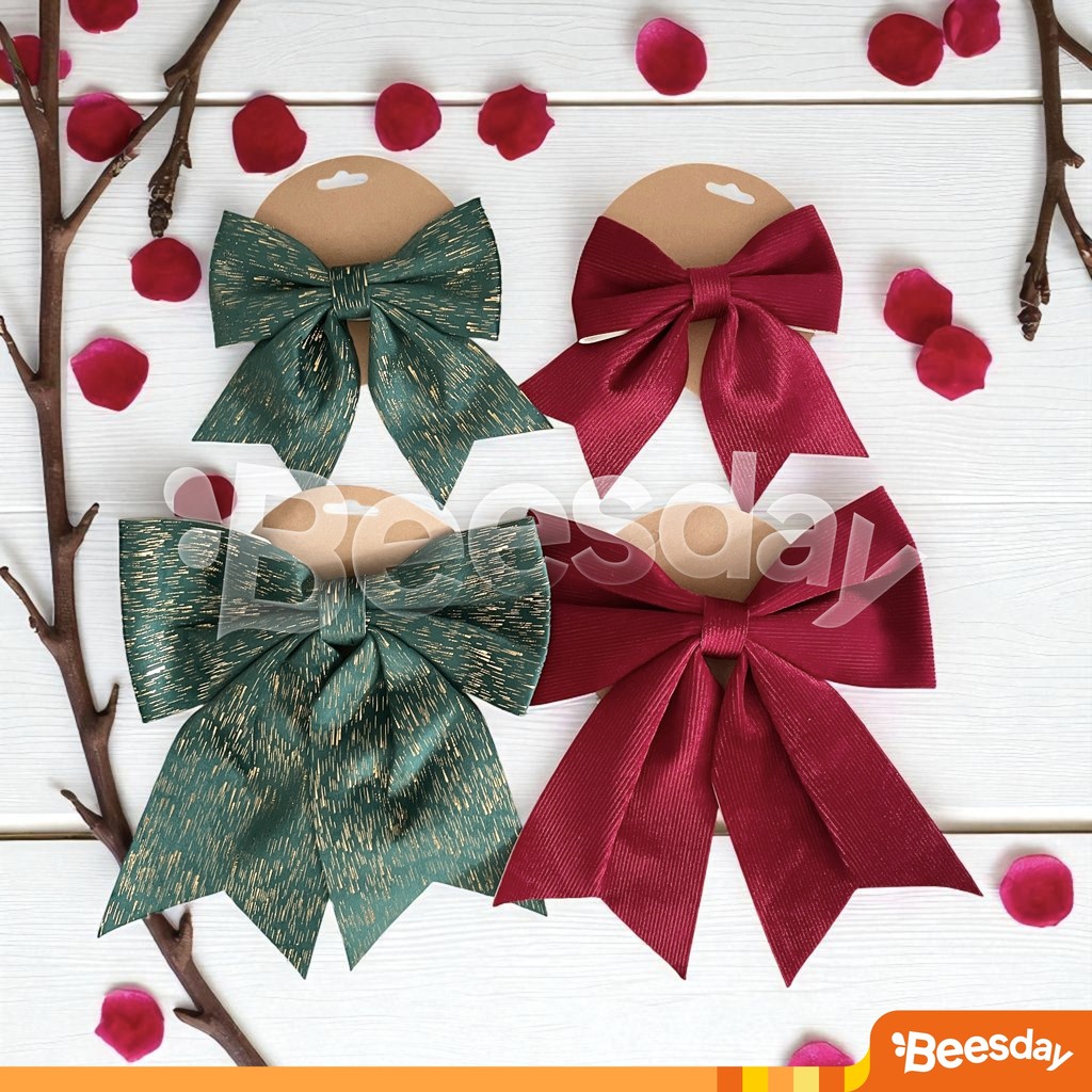 Hiasan Pita Bludru 15cm 25cm Hijau Maroon (V75) | Dekorasi Pohon Natal