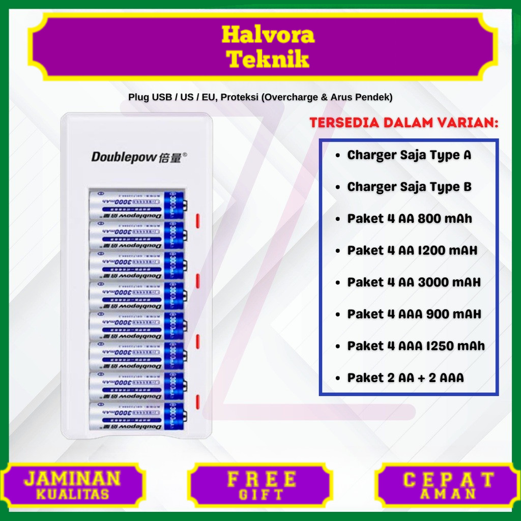 Paket Baterai Cas Doublepow / Taffware 1 Charger + 8 Baterai AA / AAA Doublepow / Taffware
