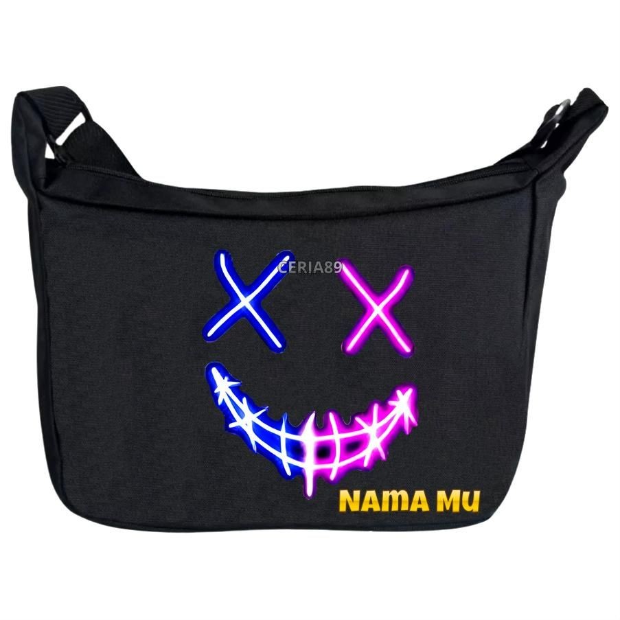 Tas Selempang Sekolah Mengaji Anak TK SD Motif Smile Mata Menyala Gratis Custom Nama Sendiri, Import