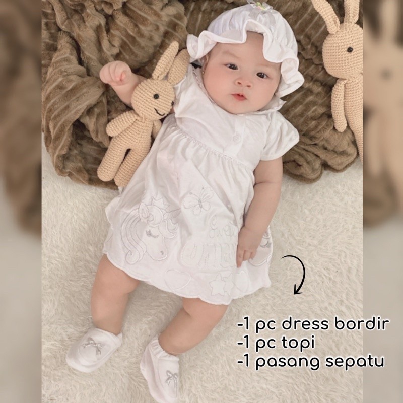 Ooppi - Baju NewBorn Dress Rok Topi putih aqiqah baptis Sepatu Fashion Anak Bayi Perempuan