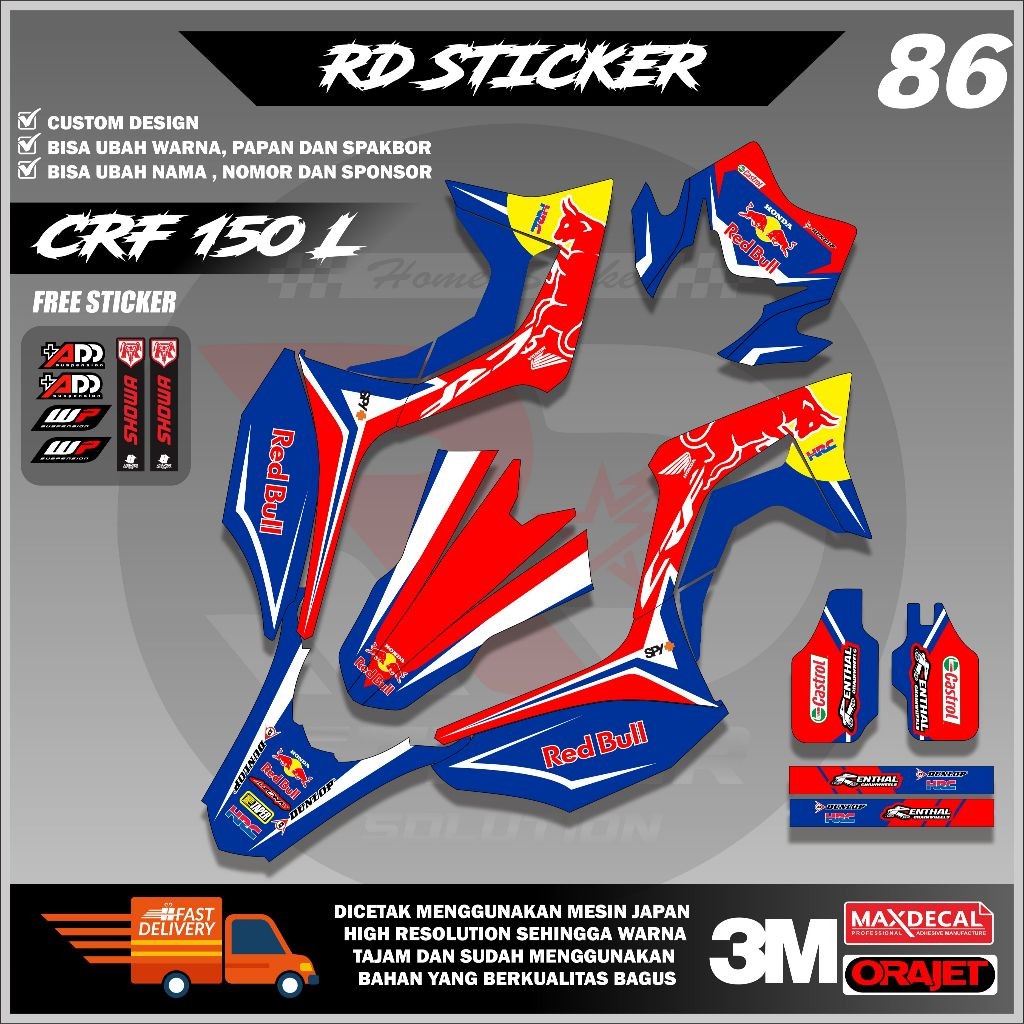 ( RD STICKER ) DECAL HONDA CRF 150L STICKER FULL BODY MOTIF RED BULL TERBARU BISA REQUEST