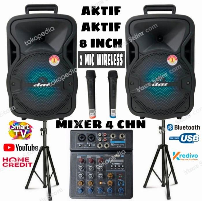 Paket Sound 2 Speaker Aktif DAT 8 Inch Mixer Bluetooth 2 Mic Wireless