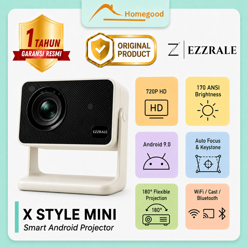 EZZRALE X STYLE MINI Smart Proyektor 720P 170 ANSI Smart Android Projector FREE BAG WIFI WIRELESS