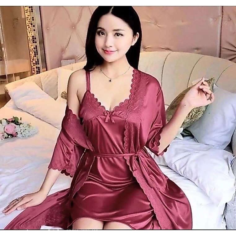 Baju Tidur Wanita Lingerie Sexi Kimono Tricot Satin Import / Baju tidur wanita kimono tricot 2in1
