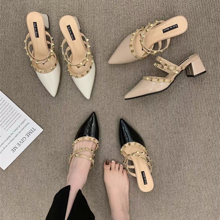 Chanel-style studded high-heeled shoes for women, closed-toe mules, pointed-toe sandals