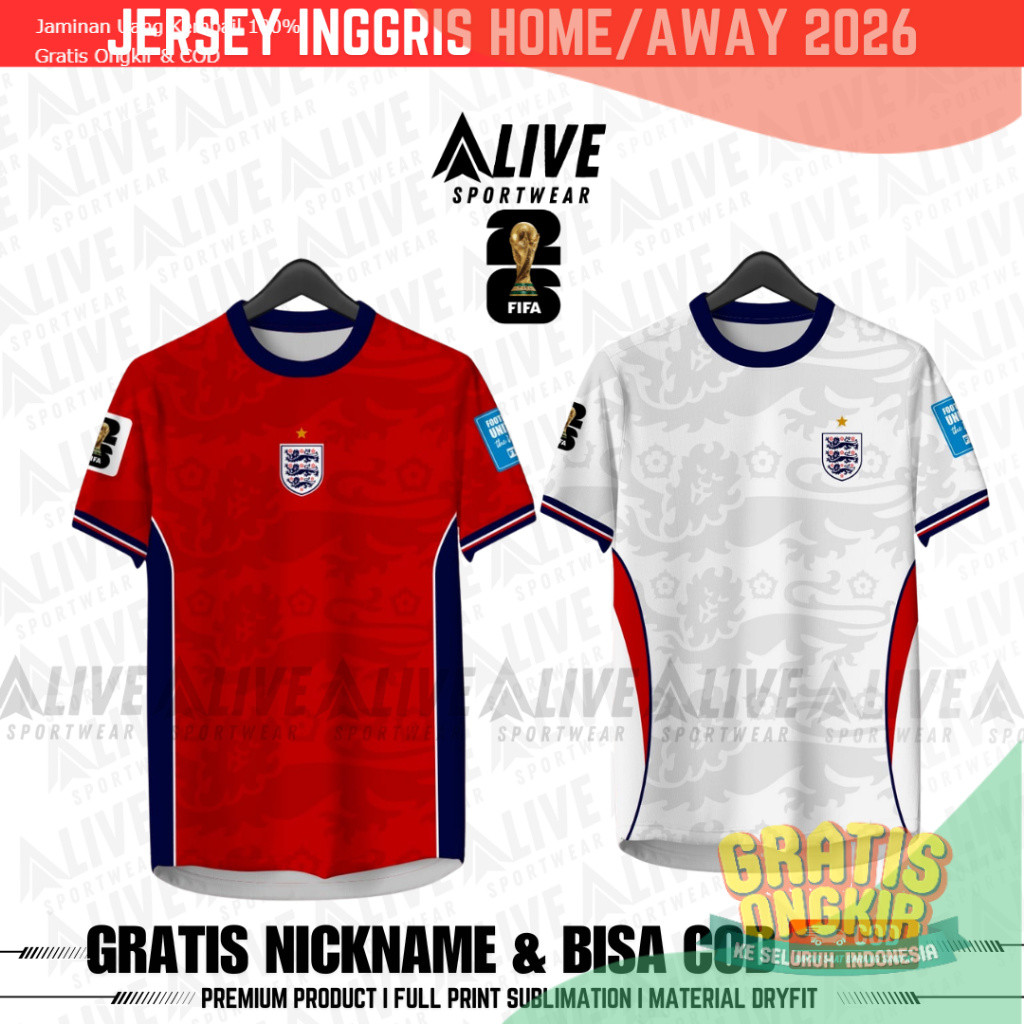 Jersey Home Away IngGRIS 2026 Full Printing Premium Full Patch Gratis Pasang Nama dan Nomor Punggung