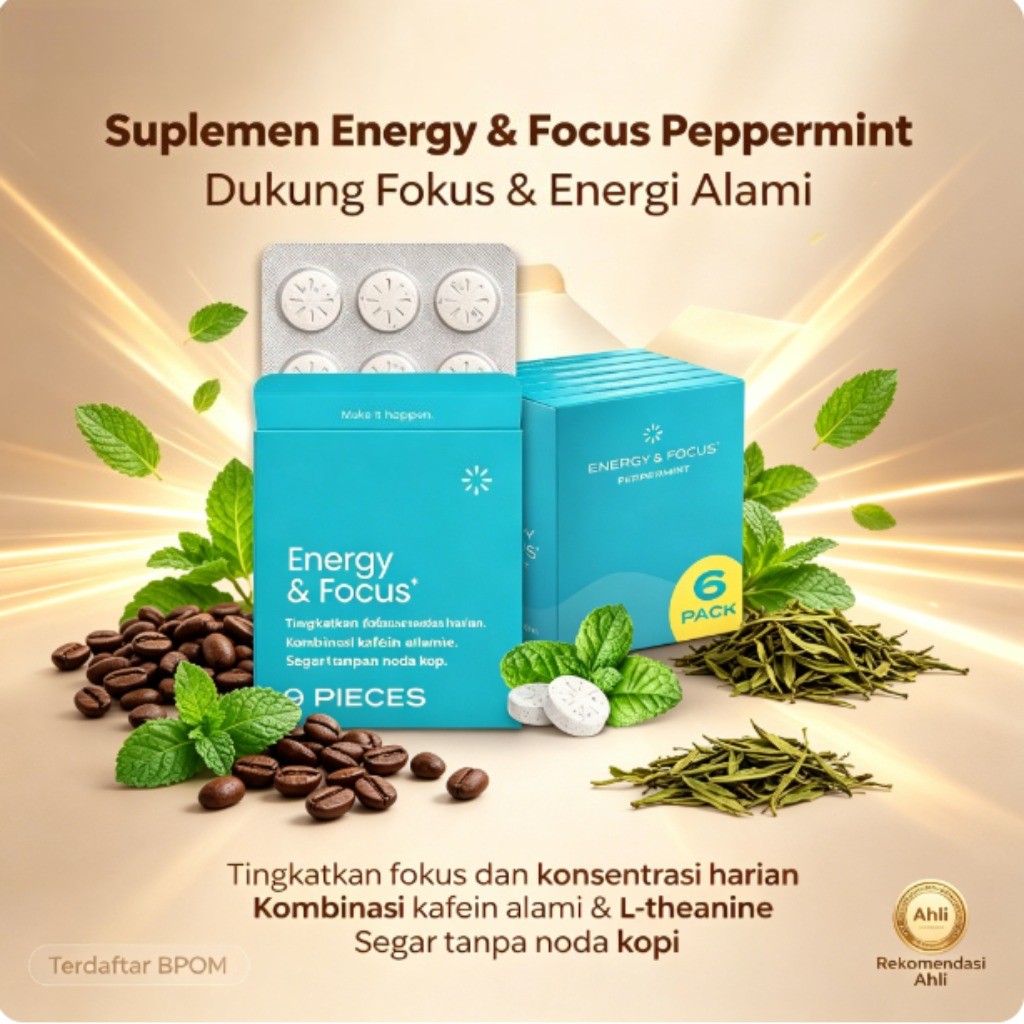 Suplemen Energy & Focus Peppermint Kafein Alami L-Theanine B-Vitamin 54 Tablet Dukung Konsentrasi & 