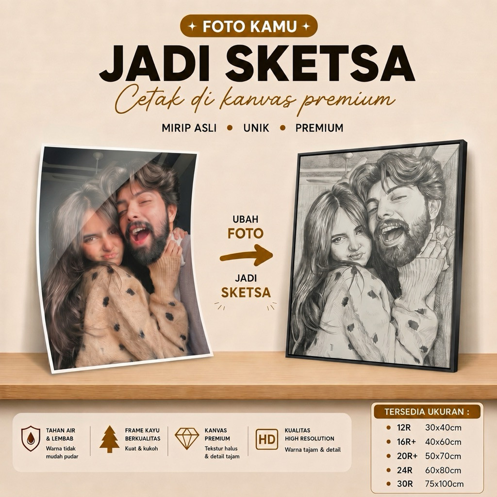 JURAIBENSHOP Cetak Foto Kanvas jadi Sketsa ukuran 12R 16R+ 20R+ 24R 30R Print Photo Canvas