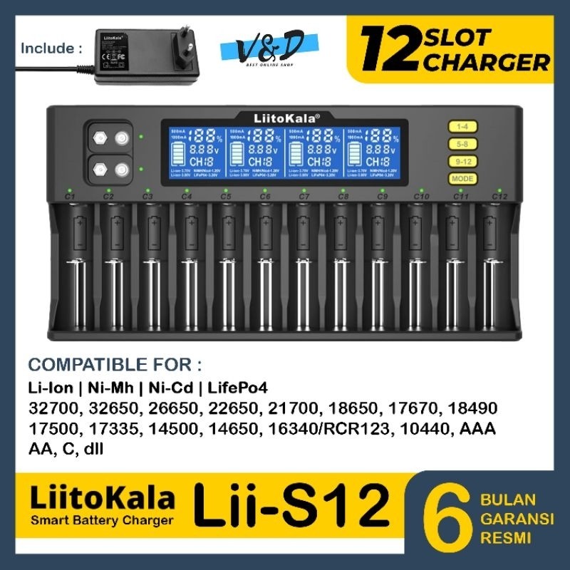 Charger Baterai Liitokala Lii S12 Original / Charger Batre Cas Liitokala 12 Port