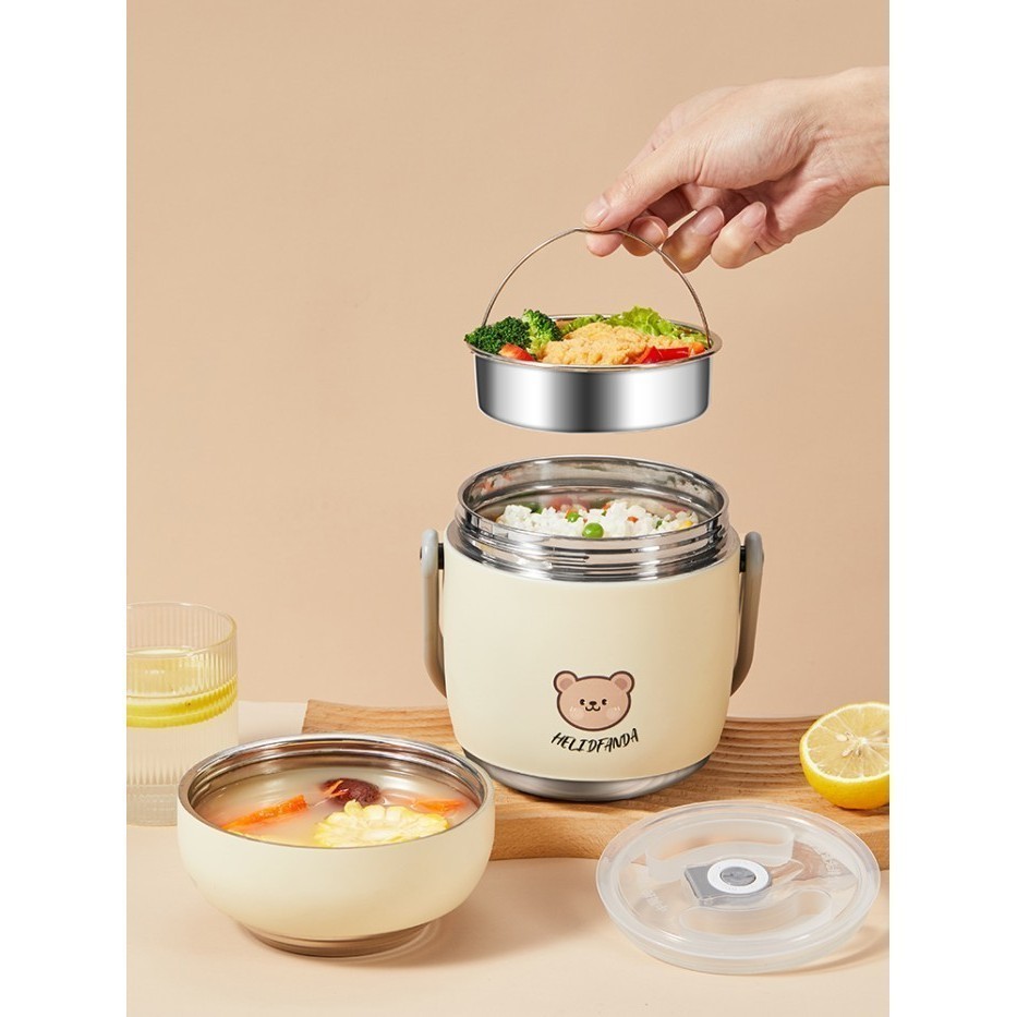 Thermos Makanan Stainless HELIDFANDA 3 Susun – Kotak Bekal Anti Bocor Tahan Panas untuk Sup & Nasi A