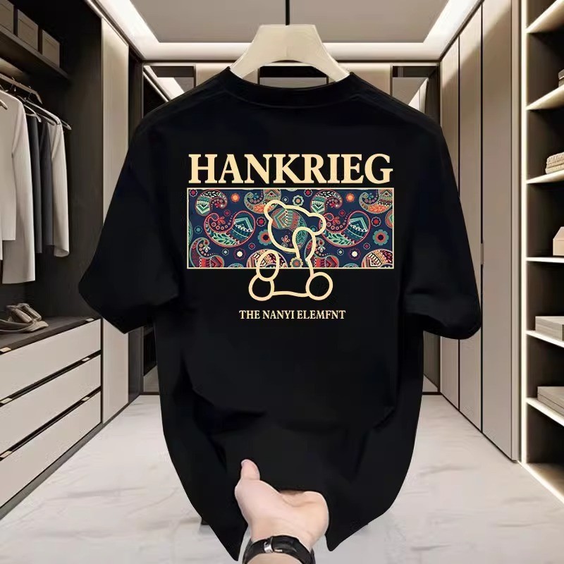 Kaos Lengan Pendek Katun Cetak Beruang Unisex Gaya Amerika Longgar