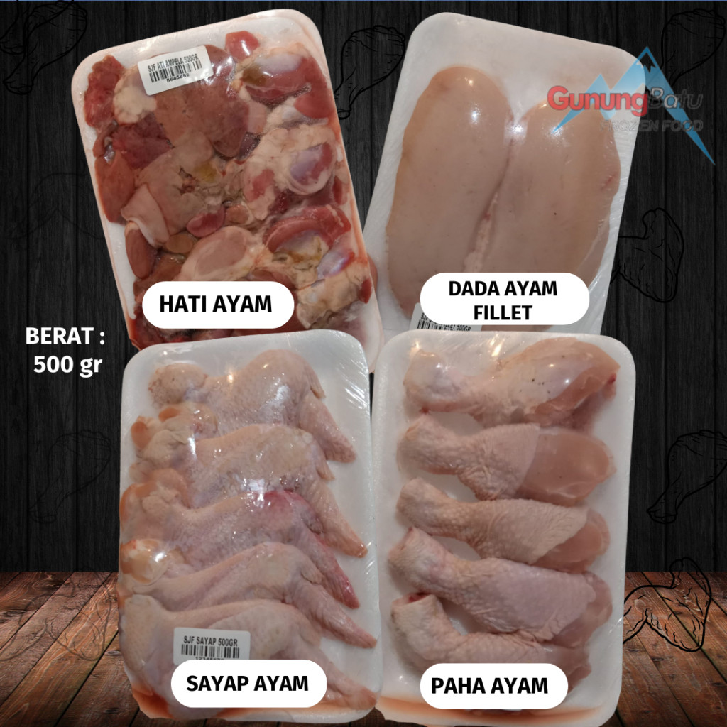 

SAYAP AYAM/ PAHA AYAM (DRUMSTICK)/ DADA AYAM FILLET BONELESS / ATI AMPELA 500GR