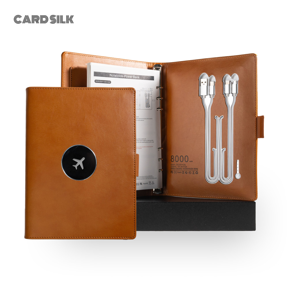 

A5 Wireless Charging Notebook with Front Pocket, 3-in-1 Cable, Card Slots, Document Sleeve and Linen Leather Cover