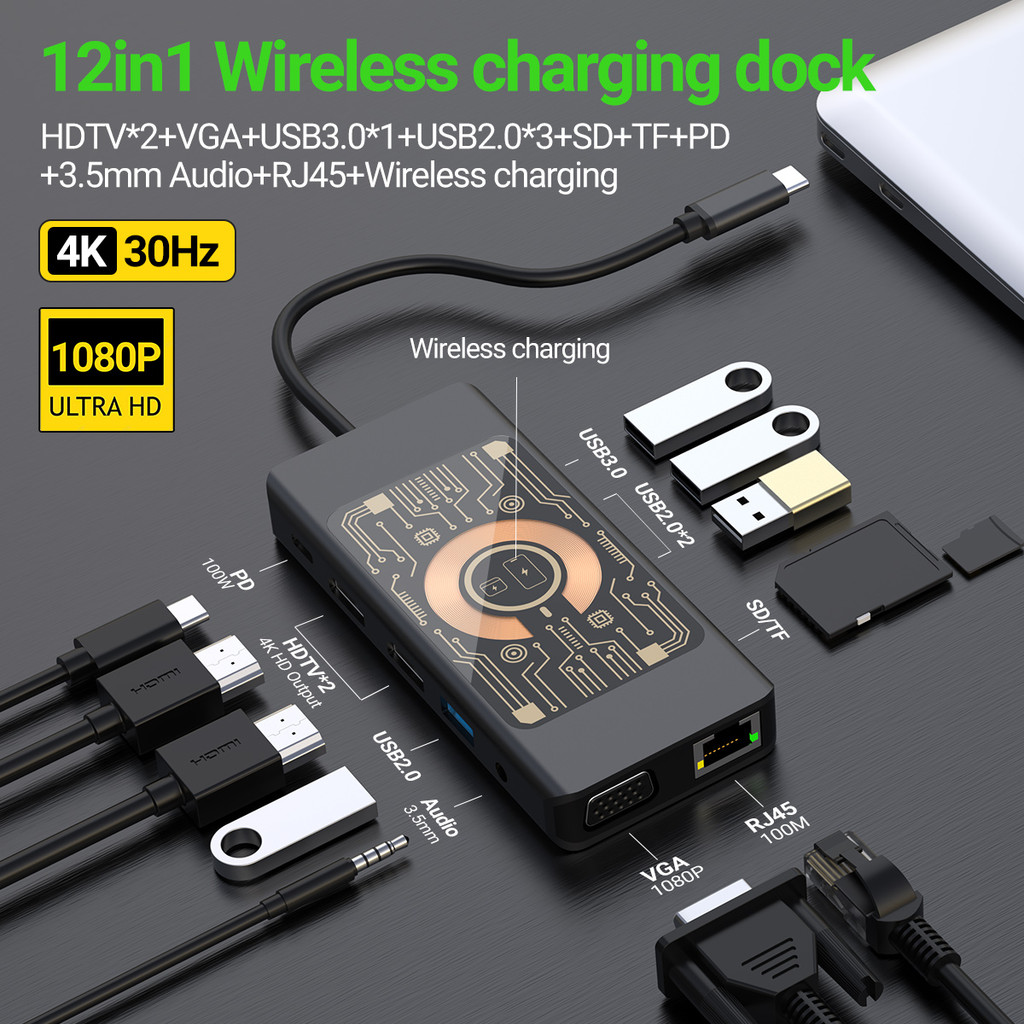 

12 IN 1 Docking Stations With Wireless Charging 4K HDTV/VGA USB 3.0(5Gbps)/2.0 Ports, 3.5mm Audio, PD 100W, SD/TF 2.0, RJ45 100m