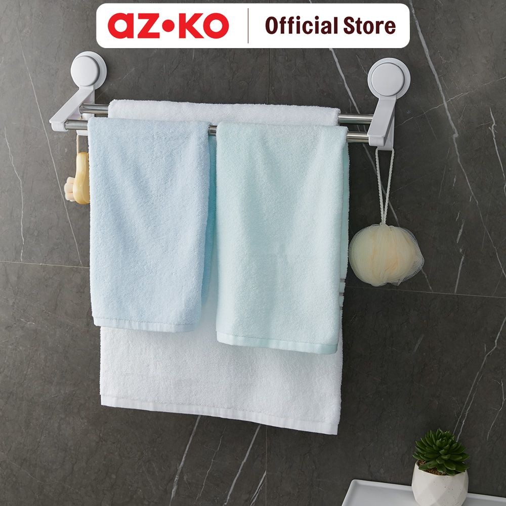 AZKO Stora Gantungan Handuk Double Rail Penghisap - Putih Jemuran Dinding Set Bathroom Tools Kaitan 