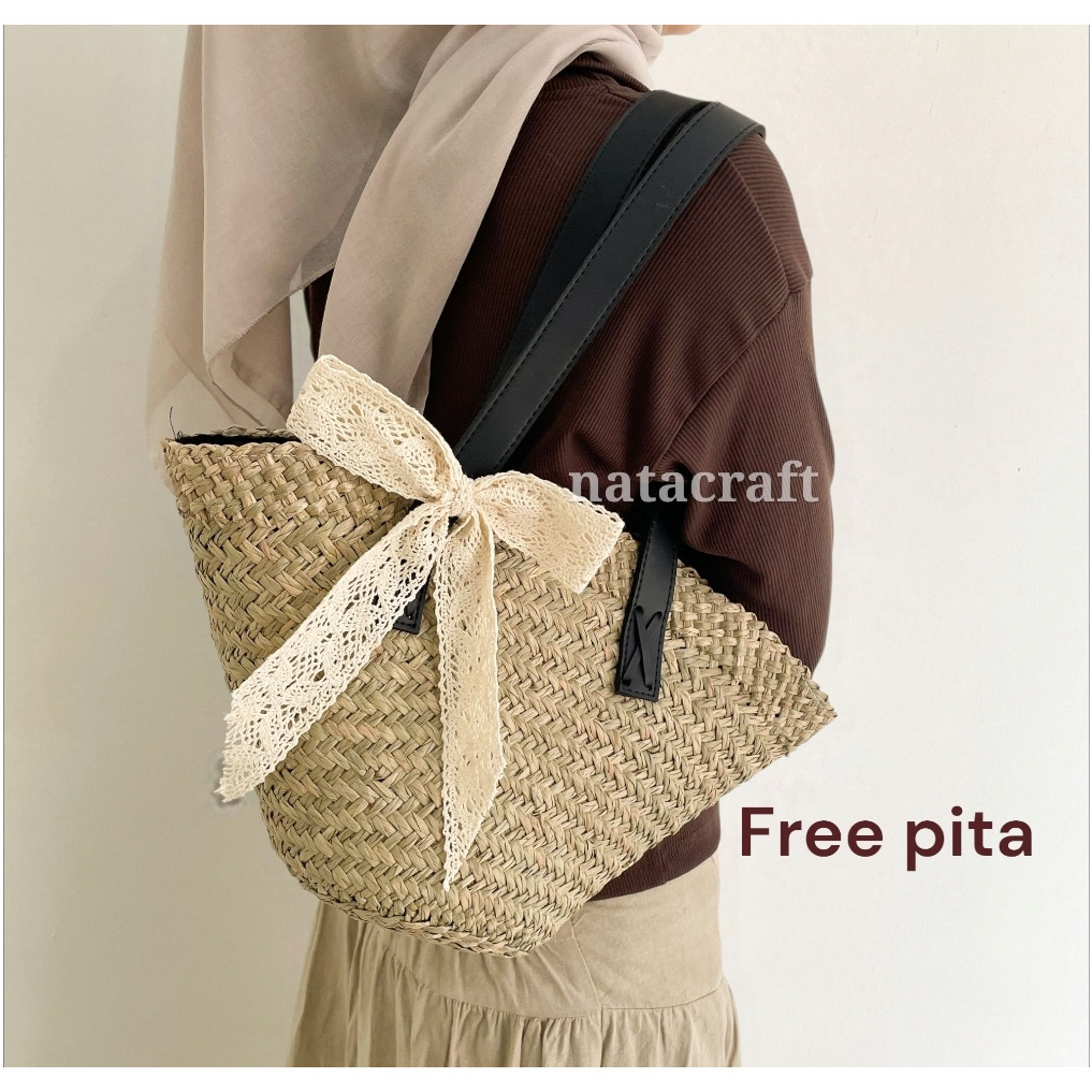 ZAHASHOP Natacraft-Tote Bag Anyaman mendong Free Pita -Tas Bali /Tas Pantai/ Tas Hampers / Tas Souve