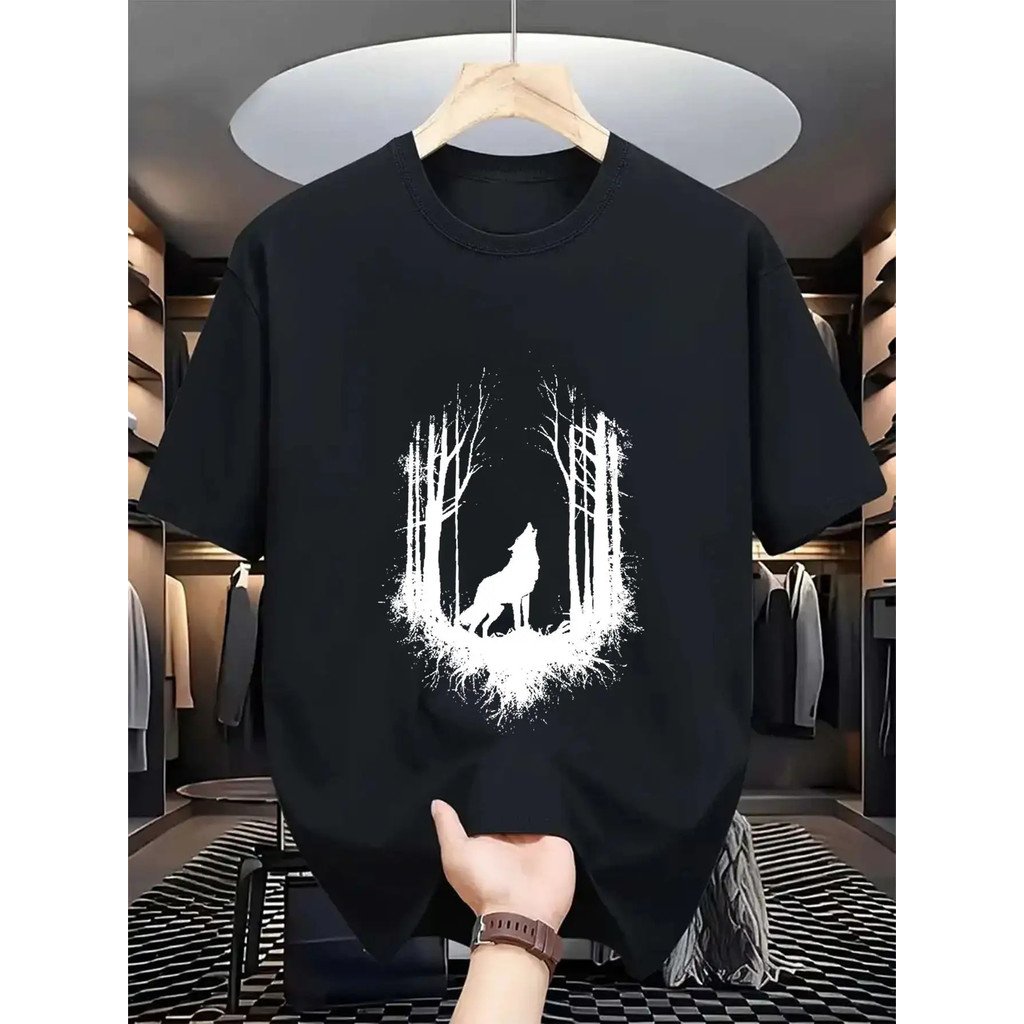 1pc Kaos Pria Cetak Serigala Hitam di Hutan - Kaos Leher Bulat Ringan dan Bernapas dengan Grafis Ser