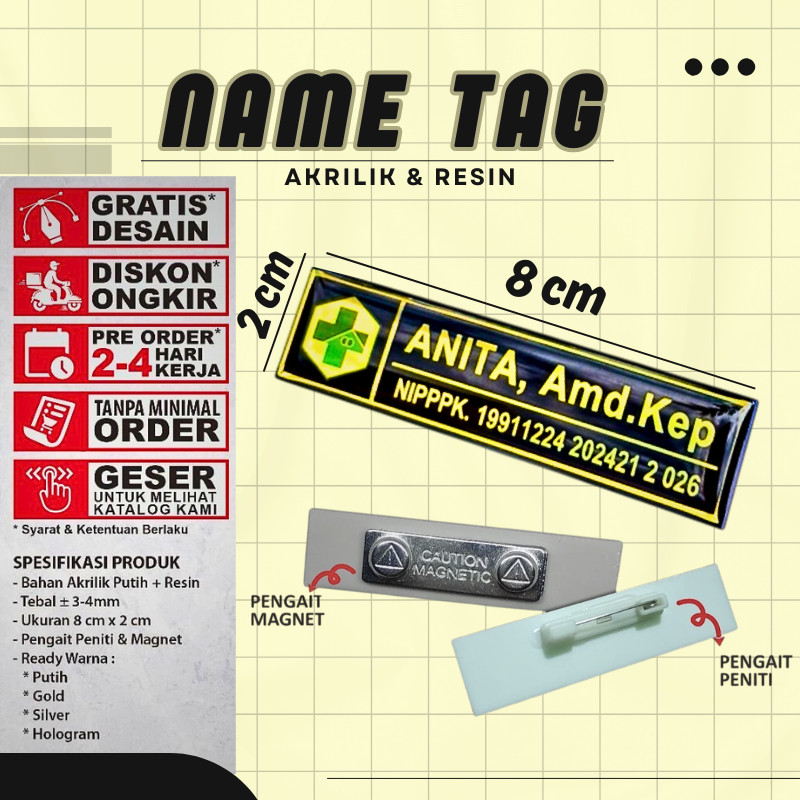 Name Tag Nama Dada Akrilik Magnet Peniti Gold Silver