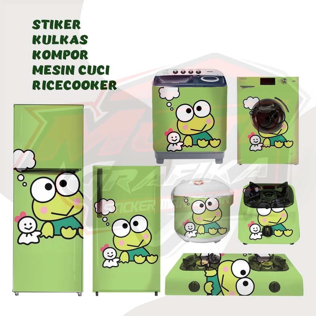 Sticker stiker kulkas 1 dan 2 pintu,kompor, magicom,mesin cuci Motif Keroppi kartu lucu Hijau Biru K