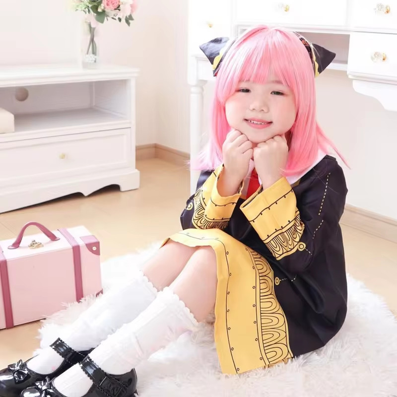 Anime SPY X FAMILY Anya Forger Cosplay Costume Black Dress Uniform Child Girls Pink Wig Stockings Pa