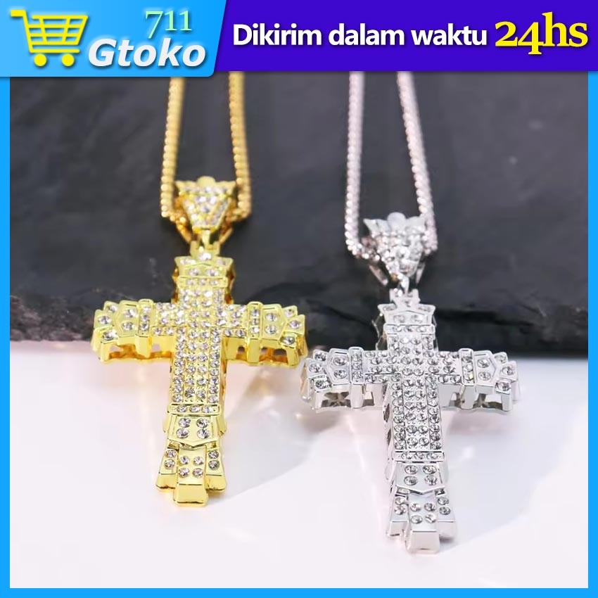 Kalung Pria Liontin Salib Besar Kristal Vintage Hip-Hop Fashion Cross Necklace Aksesoris