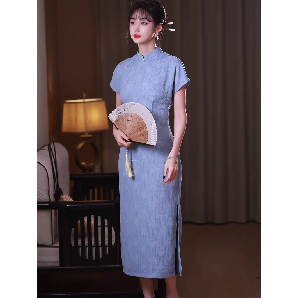 20266v Dress Cheongsam biru wanita, gaun Cheongsam ukuran besar yang elegan