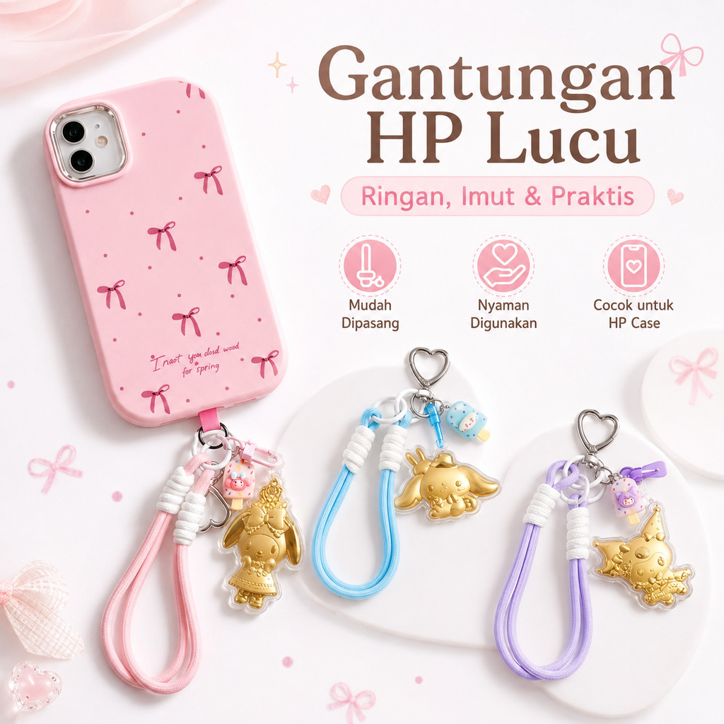 Gantungan Kunci Tas Karakter Kartun Warna Emas Unik Strap HP Keychain Hiasan Tas Lucu-Imitasi Emas