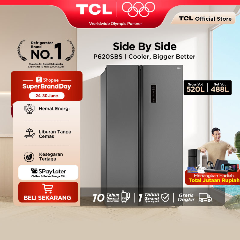TCL Kulkas 2 Pintu Side by Side - Kapasitas 520L - Holiday Mode - Twin Eco Inverter - AAT Gen 2 Natu