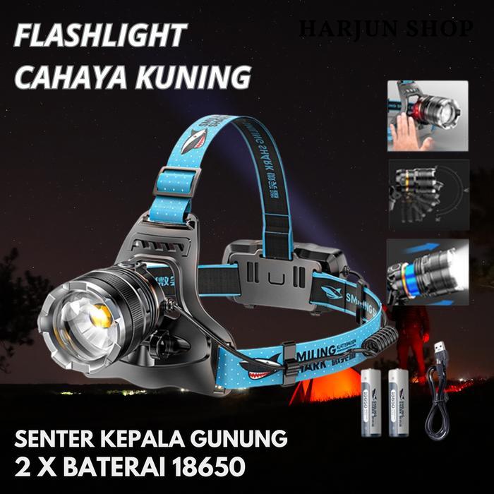 Senter Kepala LED X70 Cahaya Kuning Jarak 1000 Meter Bisa di Cas Double Baterai - Putih