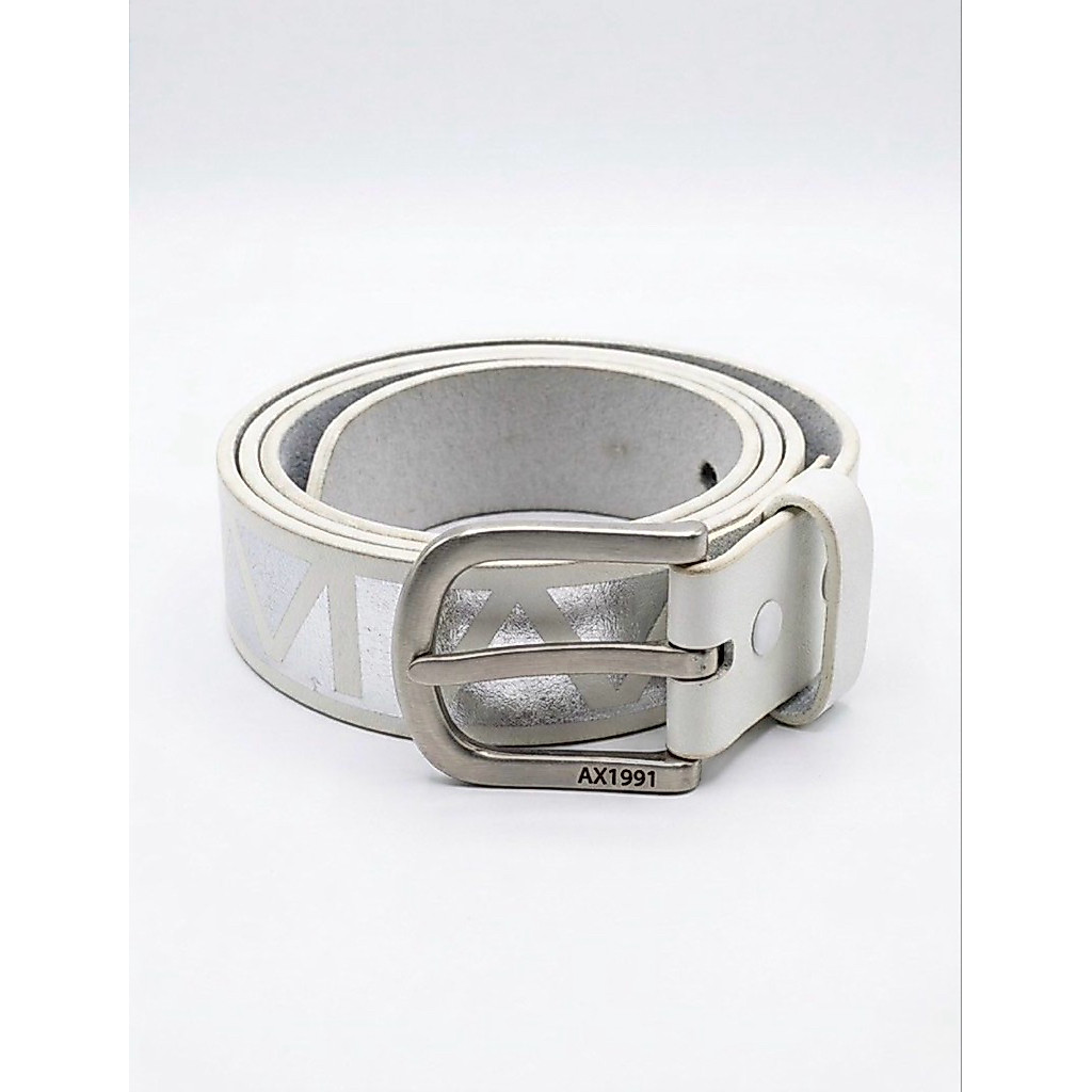 Armani Exchange AX1991 White Leather Belt Silver AX Luxury Unisex Genuine Leather Belt