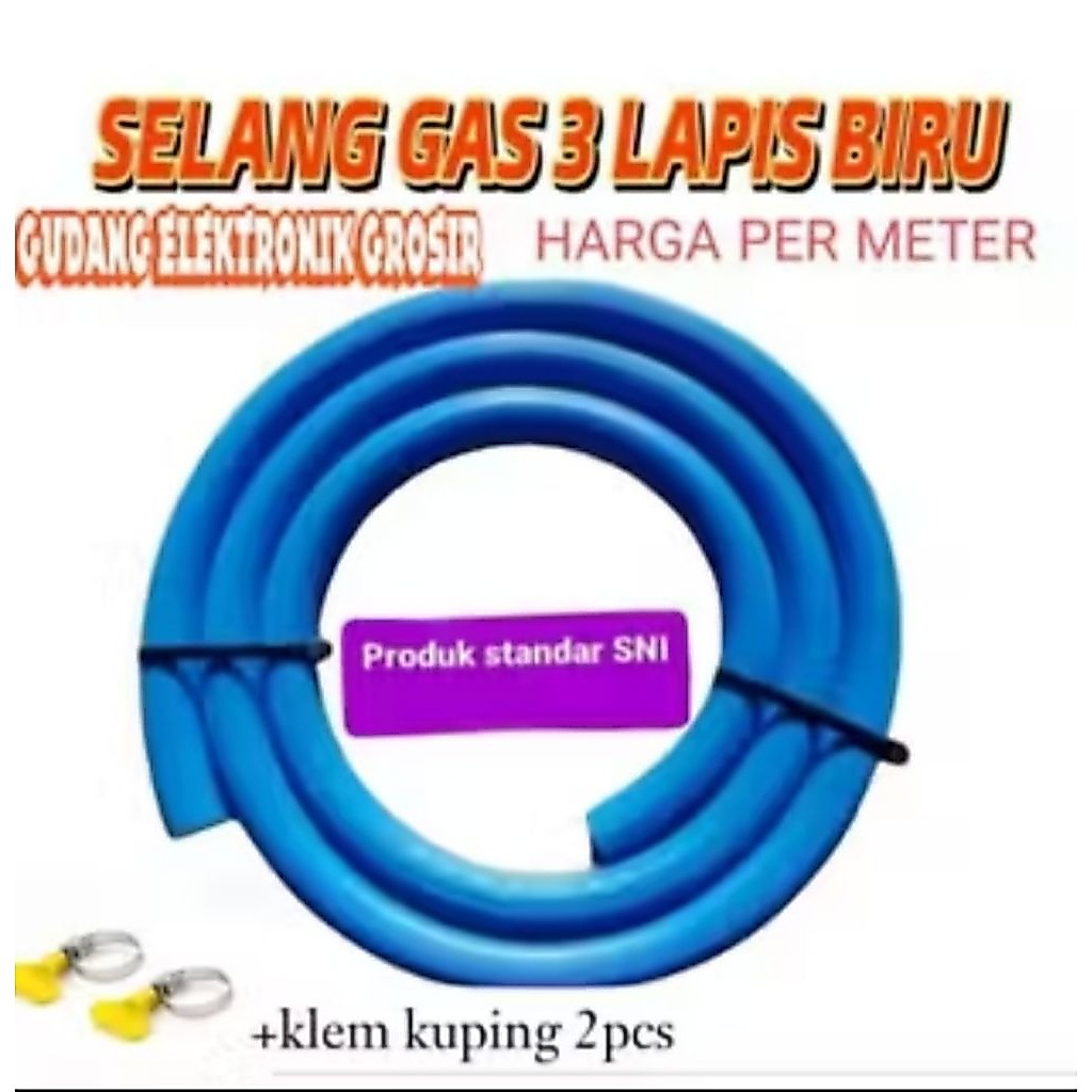 Selang Kompor Gas LPG 3 Lapis Biru " PROPELLER " + 2 Klem Kuping 2 Pcs Harga Permeter