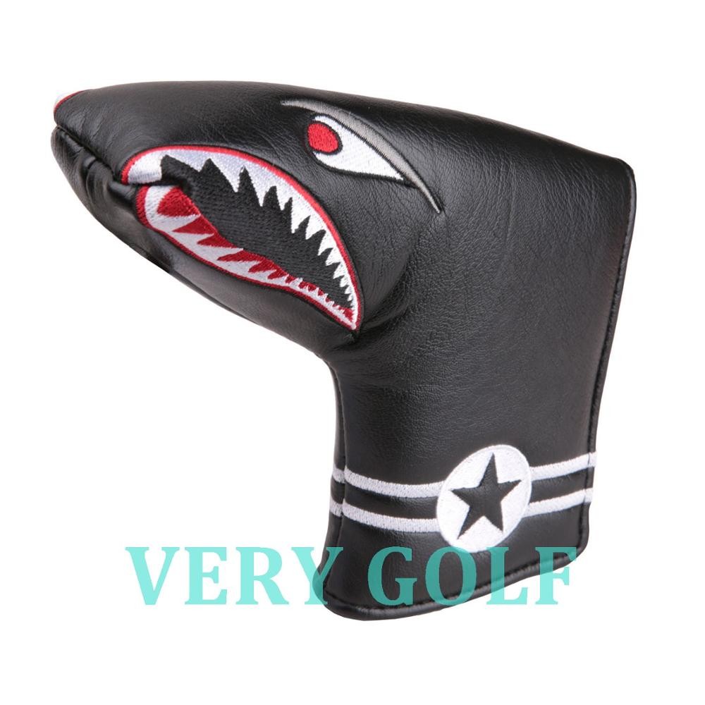 1pc Black PU Leather with Shark Embroidery Golf Club Blade Putter Head Cover with Magnetic Closure