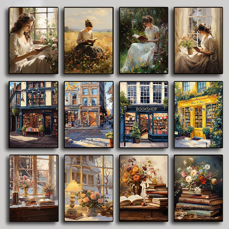 

Vintage Book Store Bookshop Retro Woman Reading Book Cityscape Poster Canvas Painting Wall Art Pictures Home Library Decor