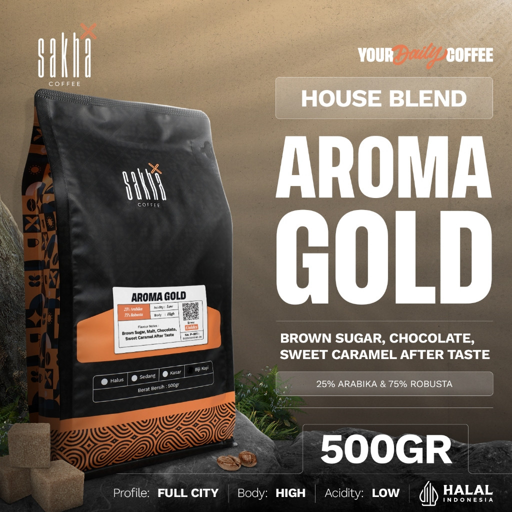 

TERLARIS Kopi Aroma Gold Espresso House Blend 25% Arabika 75% Robusta Coffee Beans 500gr Coffe Sakha Roastery